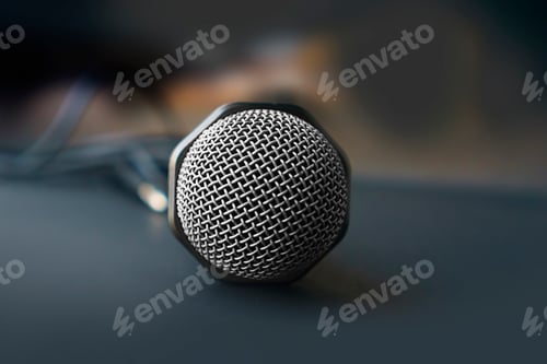 Preview: Microphone for karaoke with a wire isolated on black. top view, flat lay, copy space for your text
