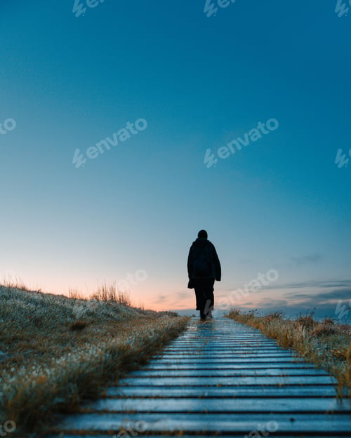 Preview: Vertical low-angle shot of a person walking on a path in the sunset