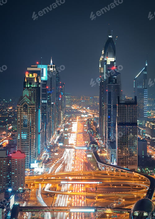 Preview: Amazing night dubai downtown skyline and road leading to Abu Dhabi, Dubai, United Arab Emirates