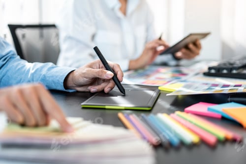 Preview: Team of creative graphic designer working on color swatch samples chart for selection coloring