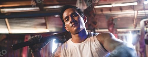 Preview: Vehicle automotive service guy worker doing check or mend car wheel, Asian mechanic repairman