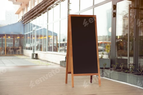 Preview: Empty A-board near building outdoors. Mockup for design