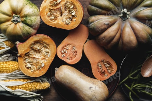 Preview: Toned autumn background of pumpkins and corn
