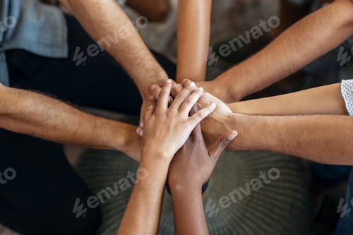 Preview: Hands of successful smart business team celebrating good job while holding up their right hands