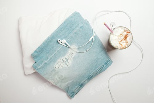 Preview: Set of clothes and accessories on white background. Top view, flat lay