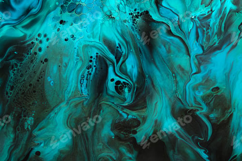 Preview: Fluid Art. Green and blue abstract wave swirls on black background. Marble effect background