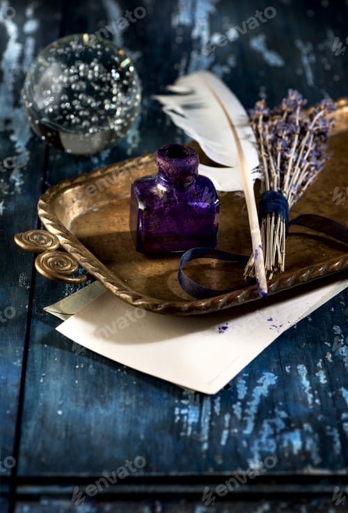 Preview: Vintage inkwell, feather quil penl and bunch lavender. Retro still life