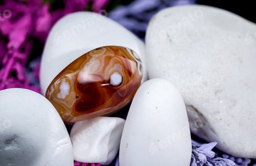 Preview: Polished agate Stone on White Rocks and Flowers