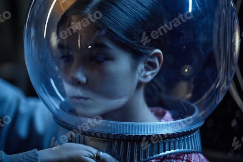 Preview: Asian Girl Preparing for Space Mission Wearing Astronaut Helmet Indoors