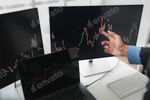 Preview: Two stock investors with stock market graph screen, stock fluctuation analysis, business man trading