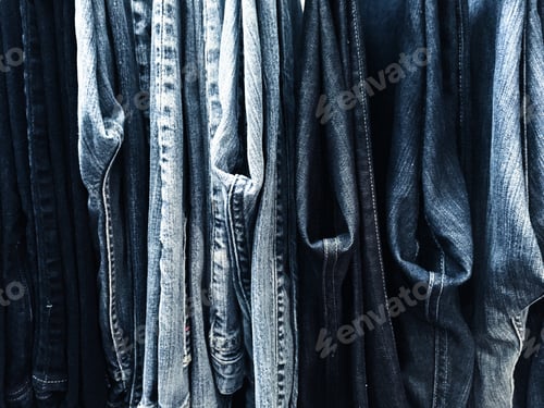 Preview: Denim jeans hanging in a closet