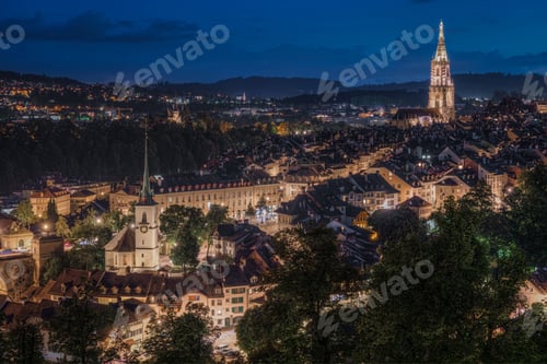 Preview: Scenic night panorama of Bern Old Town seen from Rose Garden viewpoint