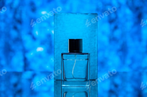 Preview: front view expensive perfume on blue background scent fragnance gift valentines day love flask