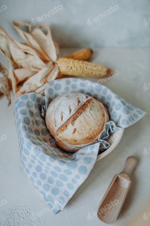 Preview: homemade cakes, rustic style, handmade homemade bread on a light background, fresh bread