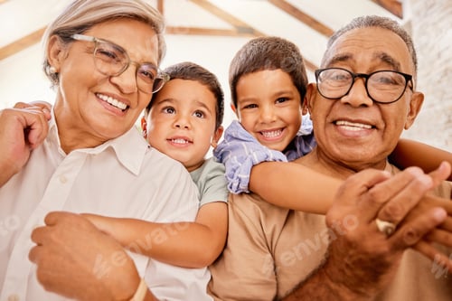 Preview: Grandparents, hug and children together at a house with happiness, family love and child care. Port
