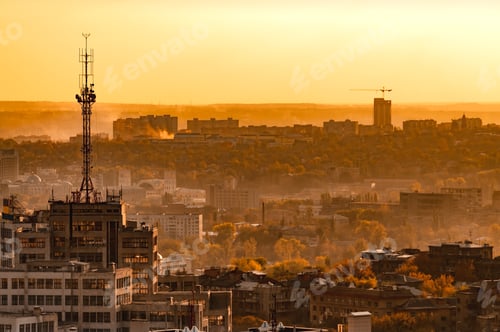 Preview: Telecommunication tower with cellular network antenna on city background