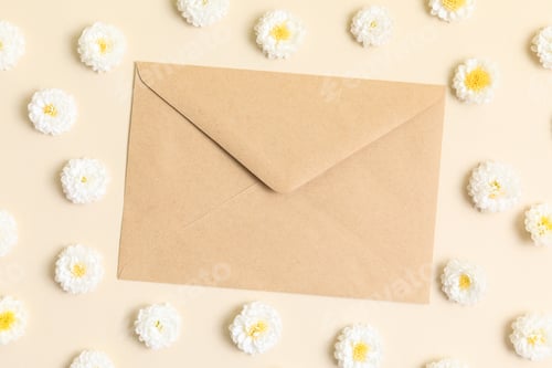 Preview: White chrysanthemum flower on beige background with envelope. Aesthetic stylish floral pattern.