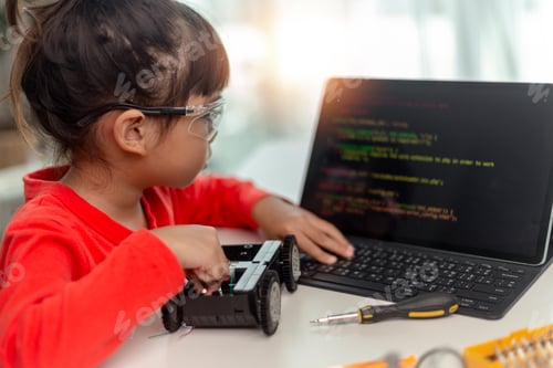 Preview: Asia students learn at home in coding robot cars and electronic board cables in STEM,