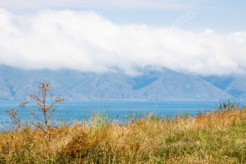 Preview: sunburnt grass and cloud on mountain coast of lake