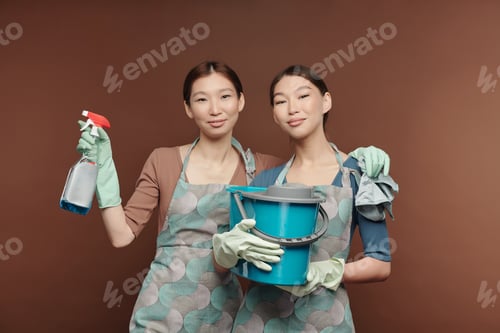 Preview: Happy young female twins in aprons and gloves holding detergent and bucket