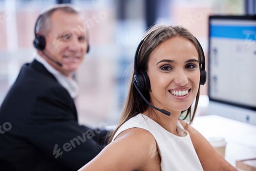 Preview: Smile, call center and business team in telemarketing, virtual communication or support on computer