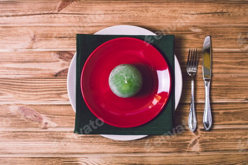 Preview: Christmas table setting with christmas decorations,. Top view, copyspace.