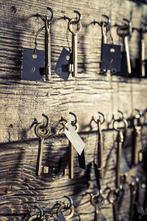 Preview: Old keys with number in hotel on wooden wall