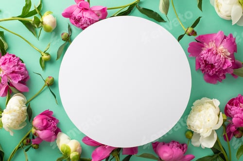 Preview: Composition from fresh flowers concept. Above view photo of empty circle surrounded by pink