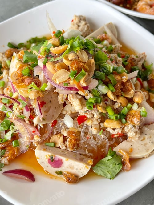 Preview: Glass Noodle, Spicy Salad (Yum Woon Sen). Cuisine Thailand style on top view.