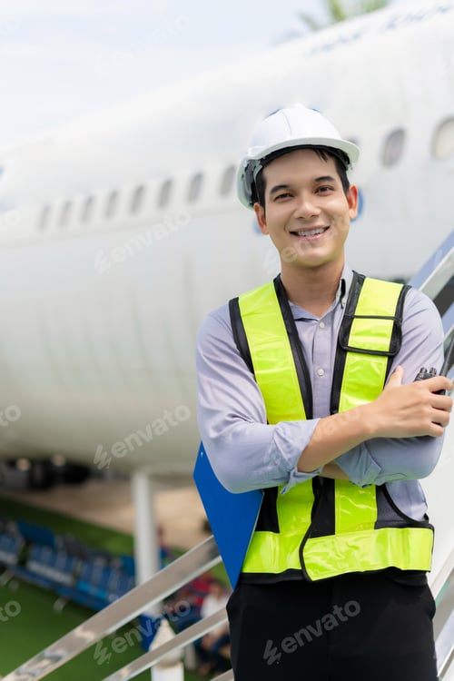 Preview: Male engineer in white hardhat standing and holding tablet