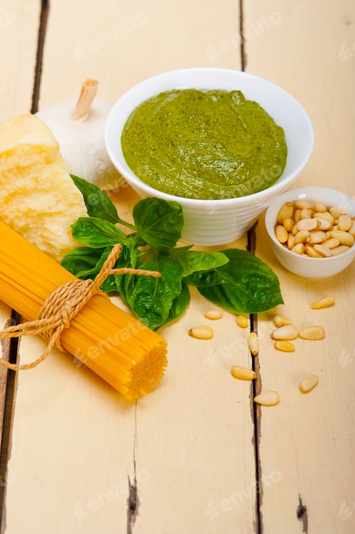Preview: Italian traditional basil pesto pasta ingredients