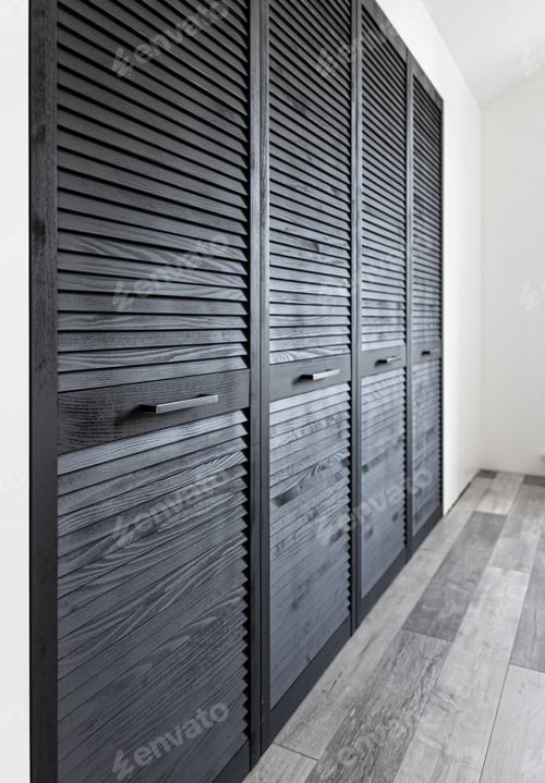 Preview: Textured wooden black cabinet in the interior of the room.