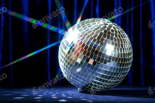 Preview: Big disco ball on a background of blue velvet curtains