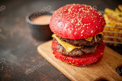 Preview: Homemade red sesame bun double bacon cheese burger. Served with french fries on wooden board