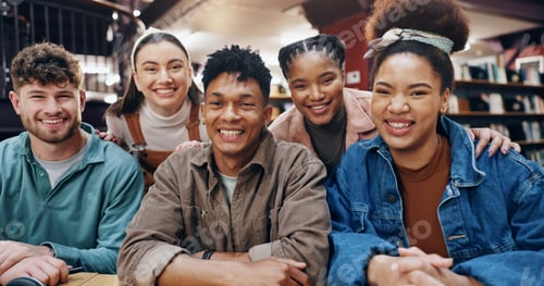 Preview: Education, happy and portrait of student friends in university library together for learning or stu