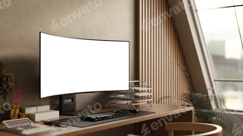 Preview: White screen computer with calculator gold coin and banknote on wood table in room with slope window