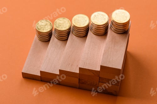 Preview: Conceptual composition of wooden steps with coins, model of a house