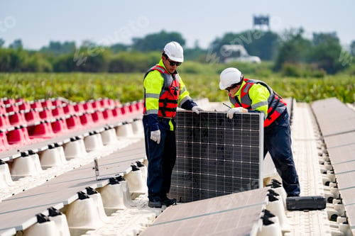 Preview: Renewable Energy Eco Technology Electric Power. Floating solar panels on lake.