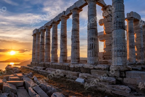 Preview: Poseidon temple ruins on Cape Sounio on sunset, Greece