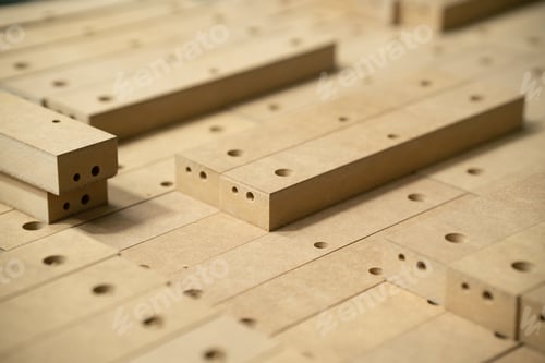 Preview: Close up of wooden parts in in big furniture manufacturing facility. Wooden parts for the production