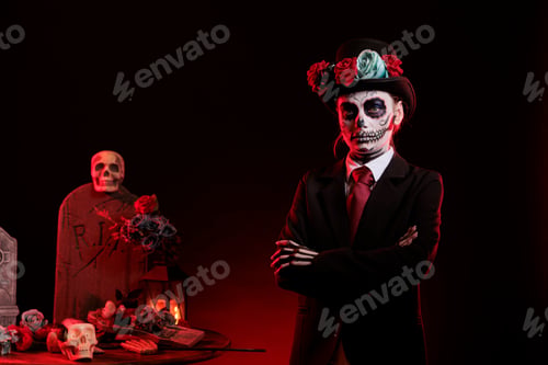 Preview: Smiling young adult wearing santa muerte costume