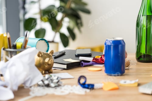 Preview: close up view of soda drink, party decorations and notebook on tabletop in office