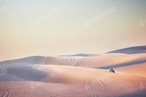 Preview: Sand landscape, motorbike or man on moto cross in desert space for sport workout, sunset ride or ex
