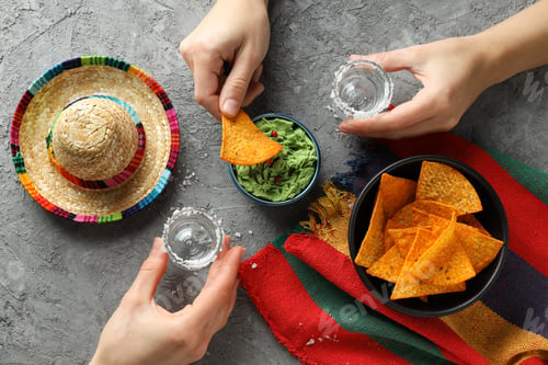 Preview: Concept of Mexico food, Tortilla and tequila, top view