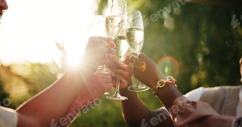 Preview: People, hands and glass with champagne for cheers, celebration or festive time together in nature.
