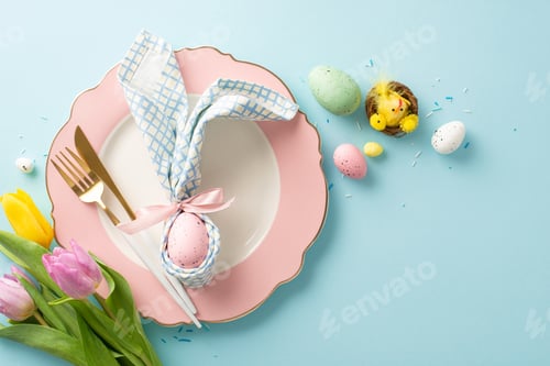 Preview: Easter enchantment: top view bunny ears napkin, cutlery, tiny chicken in nest, bunch of tulips