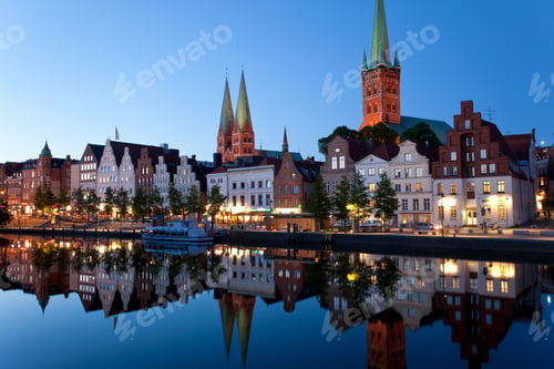 Preview: Old town and River Trave at Lubeck, St. Mary's and St. Peters Churches left and right.