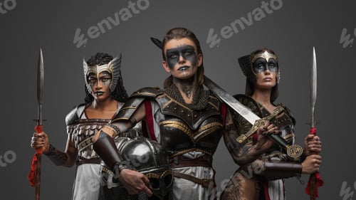 Preview: Three amazons dressed in steel armors against grey background