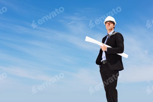 Preview: Business blueprint - An architect with papers standing against clear sky