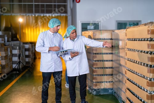 Preview: In warehouse quality control team checking drinking bottle stack on pallet before delivery